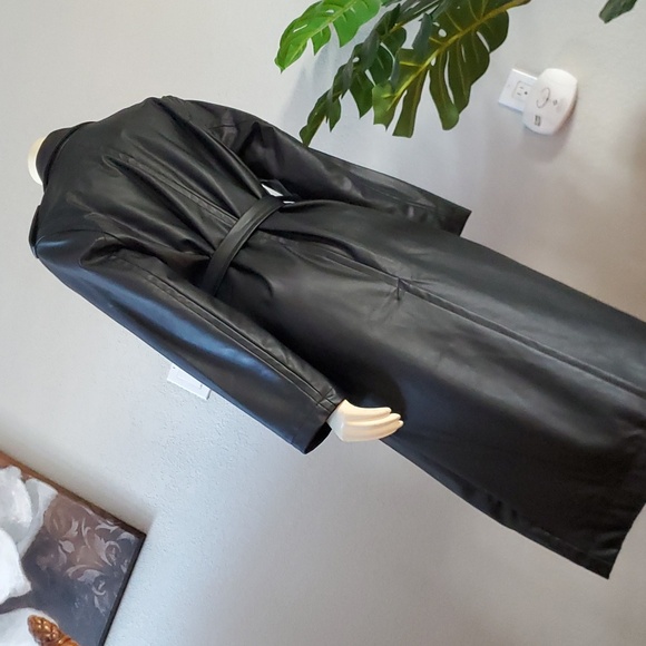 Black Faux Vegan Leather long belted Trench Coat S womens - Picture 8 of 13